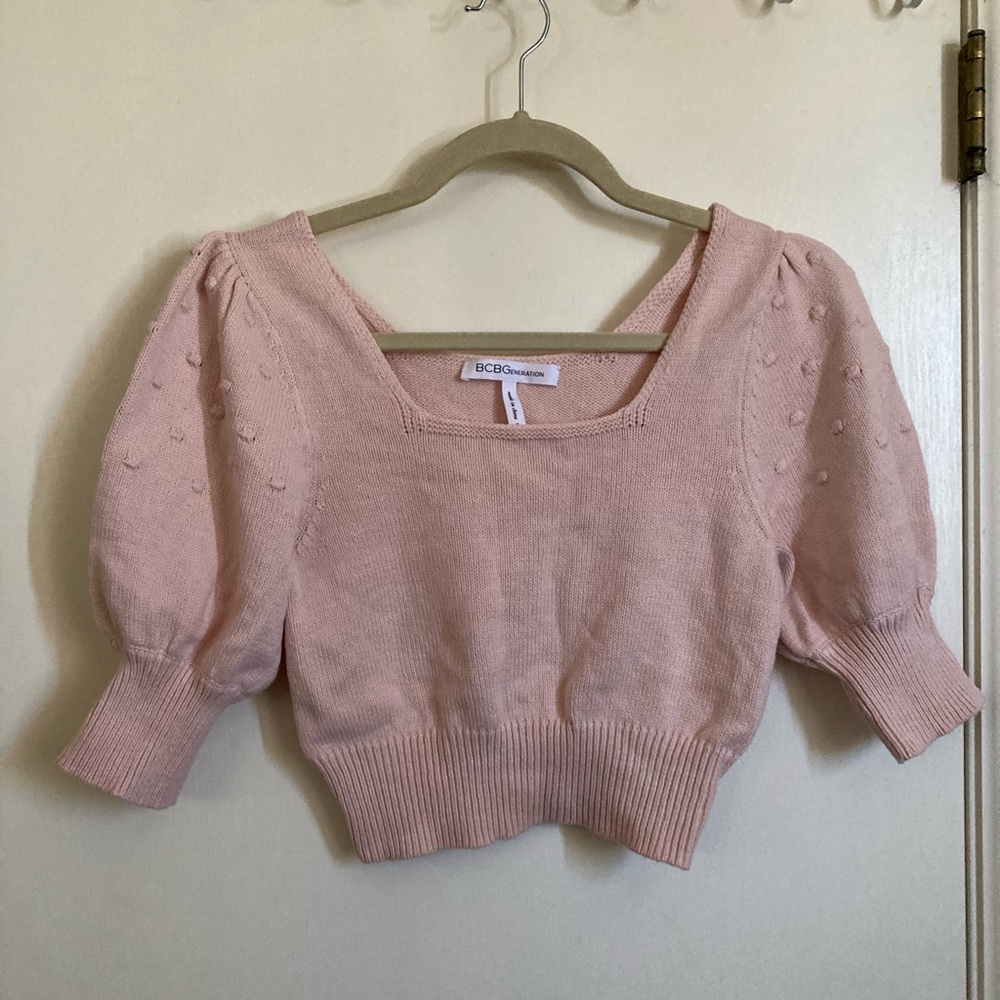 BCBGeneration Y2K Light Pink Cropped Square Neck Balloon Sleeve Sweater
